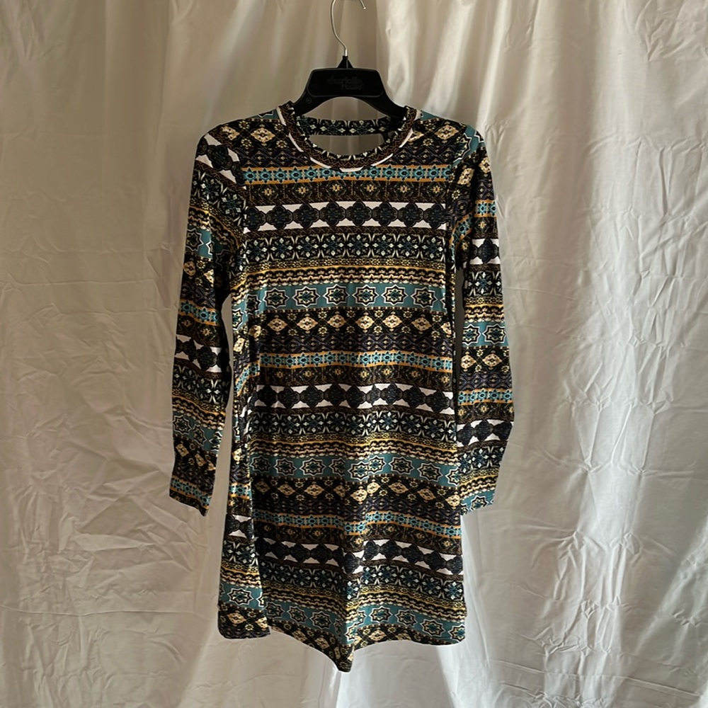 Navy, teal, gold & white pattern dress